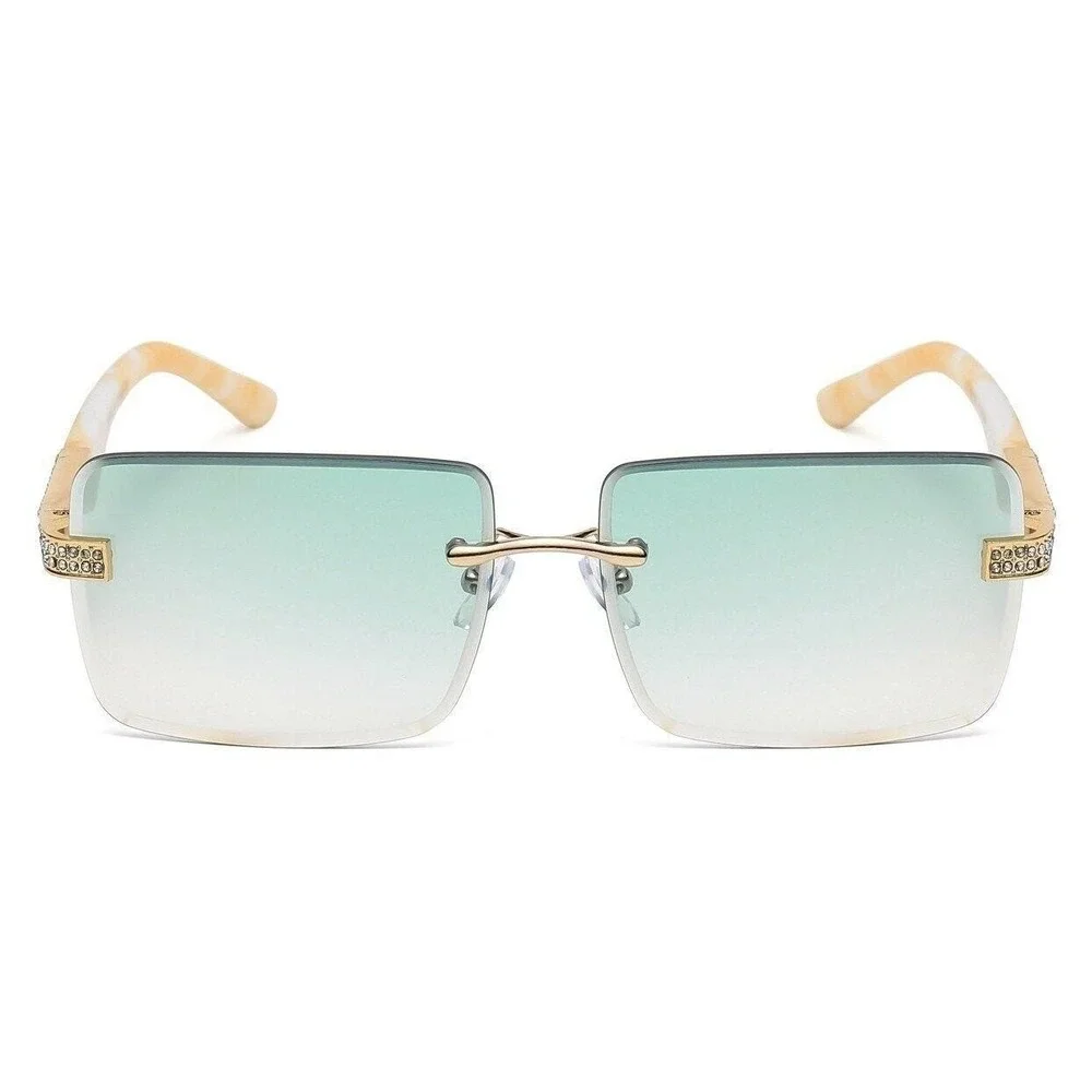 Rimless Rectangle Sunglasses Green Lens Rhinestone Accents Fashion Shades Lentes